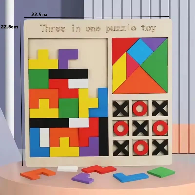 Wooden Blocks Puzzle Toy – Montessori 3D Tangram Brain Teasers