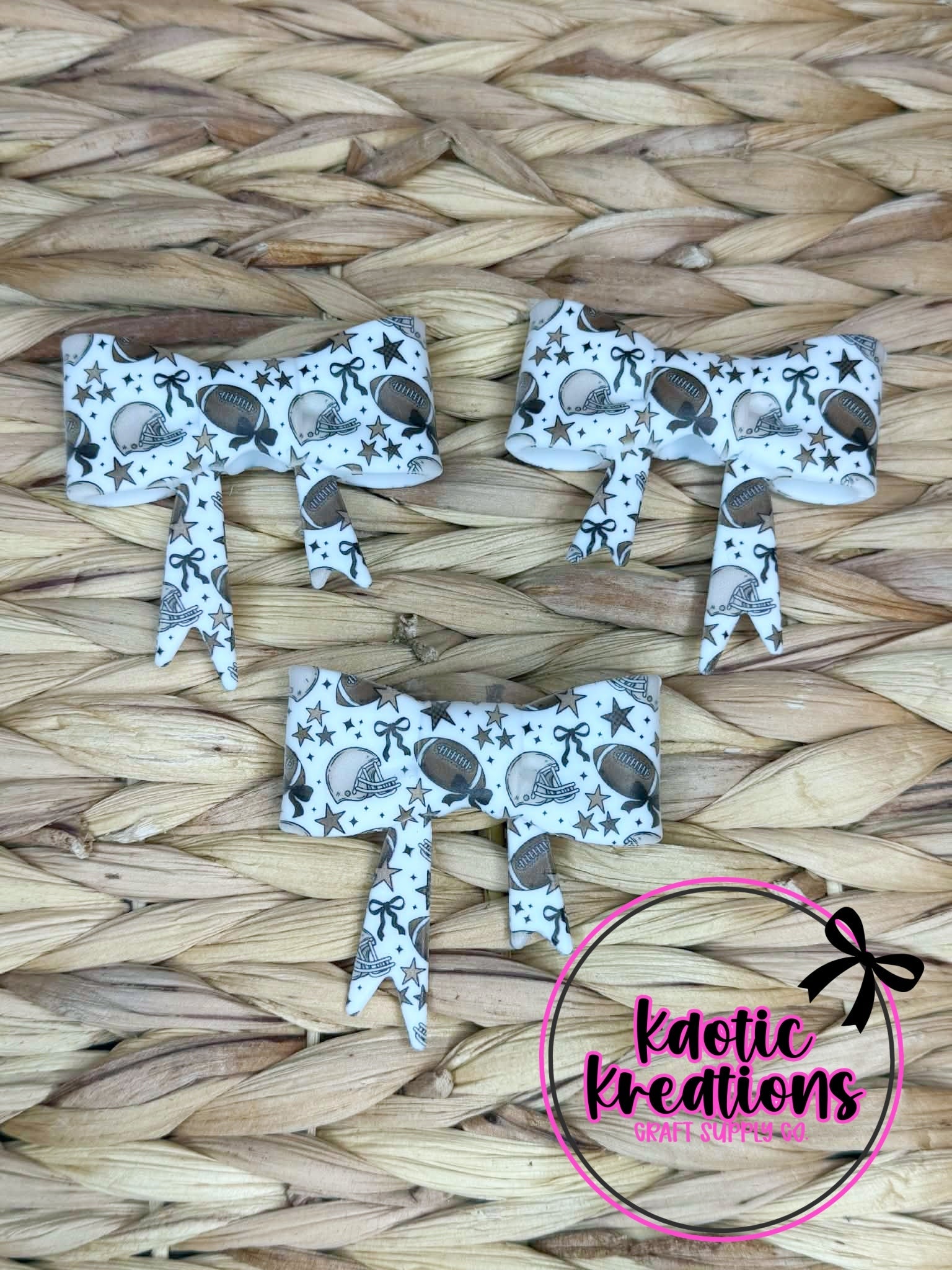 (DISCONTINUED) BEADABLE JUMBO SILICONE BOW WHITE BOWS AND FOOTBALLS (1ct)